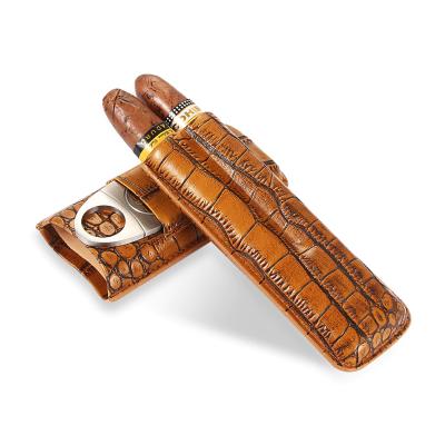 China Low MOQ Two Humidor Case Cigar Box Custom Leather Portable Cigar Smoking Tube With Cigar Cutter for sale