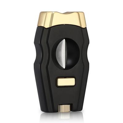 China Black Gold Smoking Cigar V Cut Cutter With Element Punch Luxury Table Blade Stainless Steel Custom Logo Double V-Cutter for sale