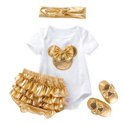 China Cute anti-shrink love&roses 4pcs infant sets summer baby ruffle shorts romper set with shoes for sale