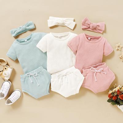 China Boutique Anti-Shrink High Quality Casual Baby Summer Short Sleeve Clothing Sets With Headband Newborn Girls for sale