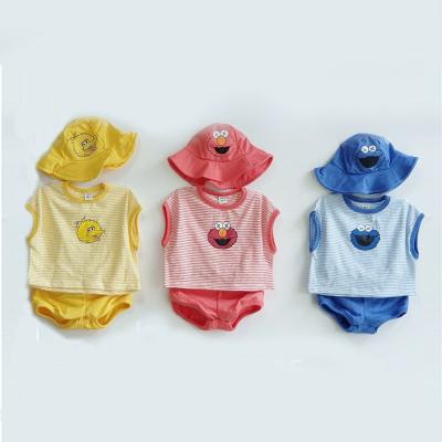 China Fashion Baby Cotton Casual Soft Organic Triangle Stripe Sleeveless Romper and Hat Set for Babies Rompers for sale