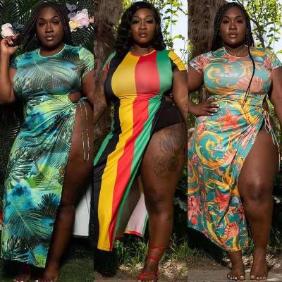 China 2021 hot sale fashion breathable 5xl plus size dress with high slit women summer floral palm leaf print dress for sale