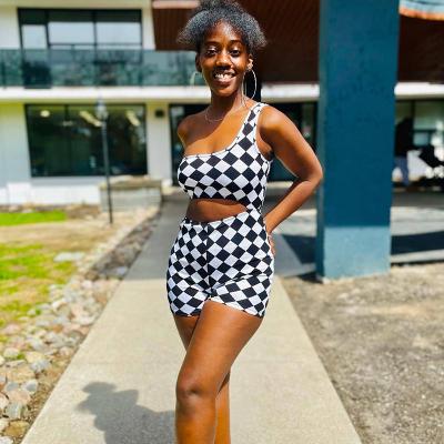 China J&H breathable 2022 the latest fashion hot sale black and white checked printing a tight one-piece set of shoulder high waist hollow shorts for sale