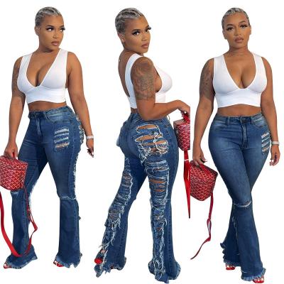 China Breathable J&H 2022 Newcomers Distressed High Waist Bell Bottom Jeans Ladies Sexy Ripped Denim Hollow Chic Blue Pants for sale