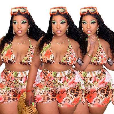 China New More Fashionable Sexy Floral Cheetah Print Halter Tops And Fringe Shorts J&H 2022 Plus Size Bikinis Breathable And Beach Wear Women 2 Piece Set for sale