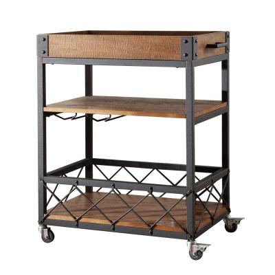 China Removable Tray Top Rustic Mobile Wooden Kitchen Food Cart With Casters Bar Cart With Wine Glass Storage for sale