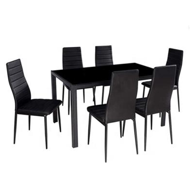 China 1 Table and 6 Chairs 7 Piece Modern Black Glass Top Dining Table Set with 6 Faux Leather Chairs for sale