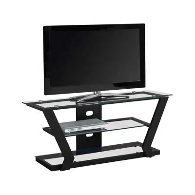 China With 3 Tier Glass Shelf Living Room Furniture 3-Tier Black Metal And Clear Glass TV Stand for sale