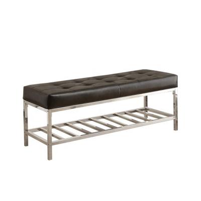 China Long PU Padded And Chromed Leather Metal Bench With Shoe Storage Rack for sale