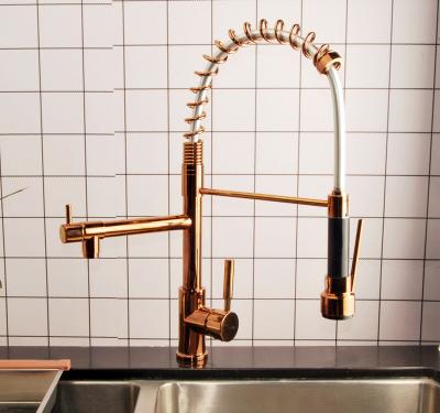 China Multifunctional Thermostatic Faucets High Arc Design Brushed Rose Gold Kitchen Faucet With Magnetic Pull Down Two Function Spray Head for sale