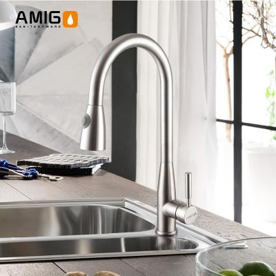 China AMIGO Faucets Mixer SUS304 Stainless Steel Thermostatic Hot Cold Water Basin Commercial Kitchen Sink Faucet With Pull Down Sprayer for sale