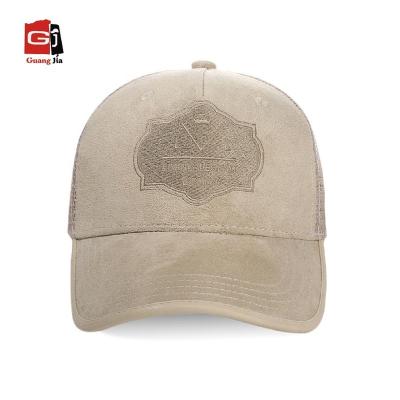 China Custom Made High Quality Patch JOINT Bill Suede Mesh Trucker Cap Pre-curved 5 Panel Embroidery Cap and Hat for sale