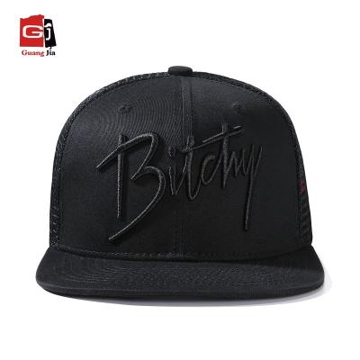 China COMMON Custom 3D Blast Embroidery Logo Flat Brim 6 Tonal Panel Structured Black Mesh Cap Custom Trucker Hat for sale