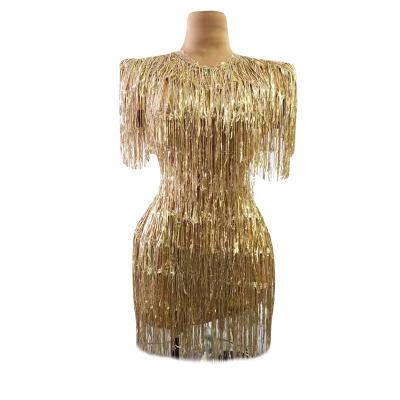 China Dresses Designer Short Sleeve Gold Tassel Sequins Banquet Party Dress Ladies Show Dance Equipment Women Fringe Dance Prom Dress Dresses for sale