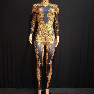 China Wholesale Jumpsuits Clothing Sheath Long Lady Skinny Print Rhinestone Bodysuits Women Spandex Dance Leotard Club Party Jumpsuit for sale