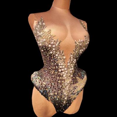 China Monos Designer Rhinestone Pearls Pole Dance Leotard Stage Performance Overalls Women Short Jumpsuits Club Show Costume Bodycon Jumpsuits for sale