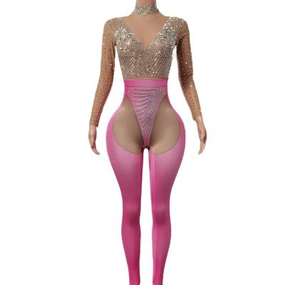 China Wholesale Monos Jumpsuits Rhinestone Jumpsuit Women Club Dancer Tights Party Long Sleeve One Piece Jumpsuit Sexy Shiny Sexy Stage Performance for sale