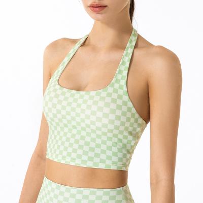 China 2022 Breathable New Fashion Checkerboard Plaid Printed Halter Sports Bra +Yoga Pants Gaiters Wholesale for sale