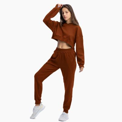 China Breathable Women's Two Piece Outfits Sets Solid Fitness Crop Tops Hoodie Sweatsuits Sports Workout Active Tracksuits for sale