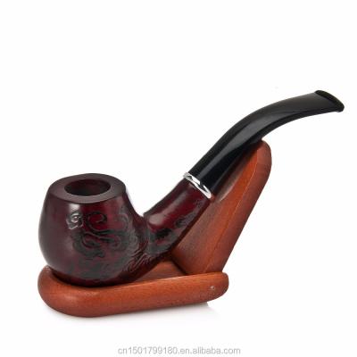 China EKJ-705 Wooden Solid Red Color Carved Flowers Wooden Smoking Pipes Wholesale Solid Wooden Short Tobacco Pipes for sale