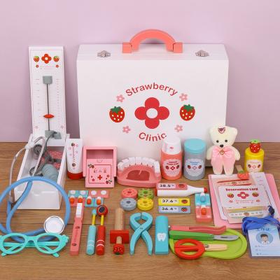 China Environmentally Friendly Syringe Eco-friendly Stethoscope Toolbox Wooden Set House Game Doctor Toys For Kids for sale