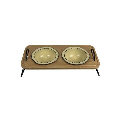 China Non-automatic Wholesale Pet Feed Bowl Wooden Stand Feeder with 2 Ceramic Bowls for Cats and Small Dogs for sale