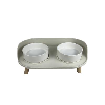 China Non-automatic Manufacturer wholesale original style ceramic wooden frame pet cat dog bowl for sale