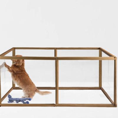 China Sustainable Acrylic Panel Indoor Wooden Free Standing Folding Pet Barrier Dog Gate for The Home Wooden Fence for sale