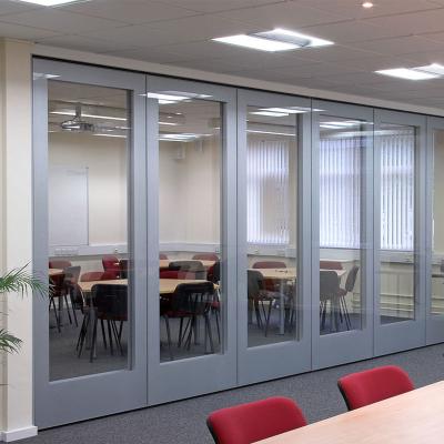 China Meeting Venue Contemporary Design Detachable Aluminum Frame Tempered Glazed Soundproof Sliding Mobile Glass Folding Walls Office Partition for sale