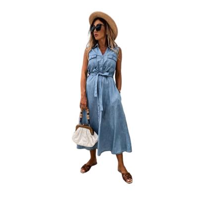 China New Low Price Summer Viable Sleeveless Belt Design Denim Casual Dress for sale