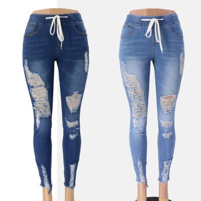 China New Arrivals QUICK DRY Fashion Skinny Light Blue Denim Pants Ripped Distressed Women Jeans for sale