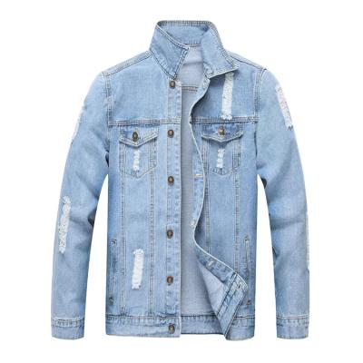 China Other High Quality Classic Distressed Mens Blue Ripped Washed Denim Jacket for sale