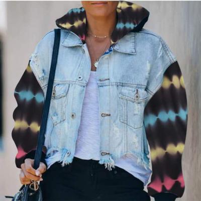 China Long Oversized Waterproof High Quality Denim Jackets Distressed Wholesale Women's Lattice Jacket Tie Dye Denim Jackets With Hat for sale