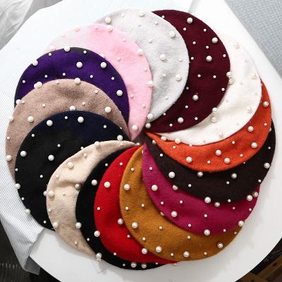 China Custom Logo High Quality Elegant Flat Image Logo Top Plain Pearl Ditch Wool Ladies Berets Hat For Women Berets for sale