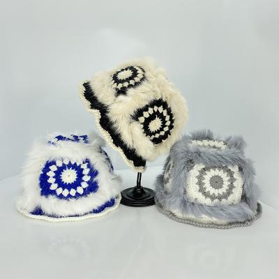 China Japan and Winter Knitted Rabbit Fur Bucket Hat Funny Handmade Korean Style Crochet Lace Bucket Hat Designer Bucket Hat for sale