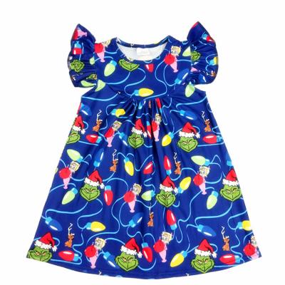 China RTS Good Quality Girl Flutter Dress Breathable Boutique Kids Clothing Milk Silk Fabric Kids Dress Grimm Print Baby Summer Dress for sale