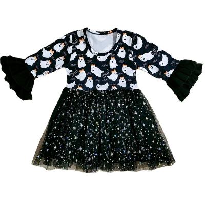 China Autumn Halloween Girls Fashion Print Breathable Lace Stitching Spin Dress for sale