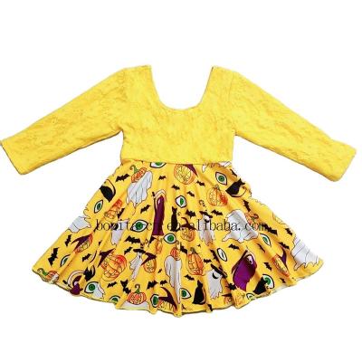 China Autumn Halloween Girls Fashion Print Breathable Lace Stitching Spin Dress for sale