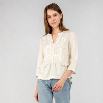 China Breathable New Design Summer Casual Style Mixed Fabric Canvas Women Embroidered Blouse Tops for sale