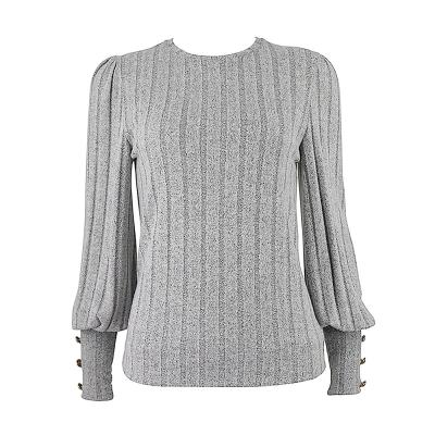 China 2020 New Design Anti-Wrinkle Gray Melange Jacquard Knitting Top Lantern Sleeve Gold Buttons Top for sale