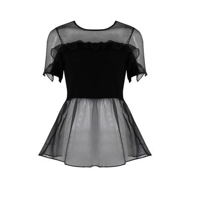 China New Design Cut&Sew Organza And Rib Knitted Mix Ruffled Women Kind Of Sleeve Tops Anti-wrinkle for sale