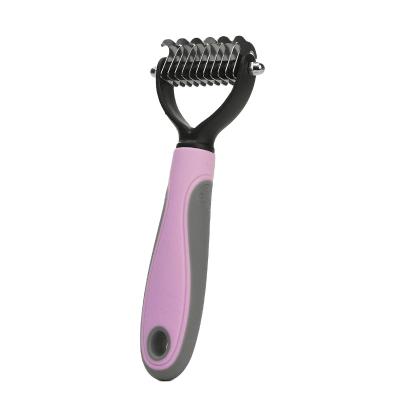 China Stocked Professional Wholesale Cat and Dog Hair Removal Pet Brush Self Cleaning Safe Dematting Comb for sale