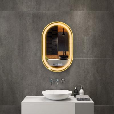 China Magnifying Gold Framed Arch Shape Wall Mounted Personalized Handheld Mirror Light Front Ledge Warm White Light for sale