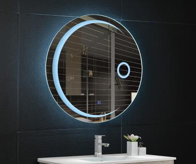 China Hotel Popular Simple Frameless Blue Backlit Warm Light Wall Mounted Vanity Mirror Magnifying Round Lighted Design for sale