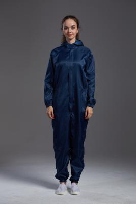 China Dunkelblaue Farbe des antistatischen ESD-Cleanroomoveralls mit Hauben machen offene leitfähige Faser Reißverschluss zu zu verkaufen