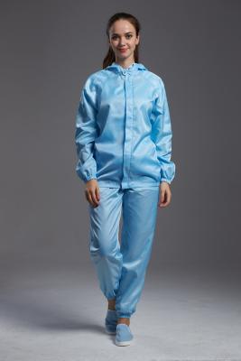 China Blaue Farbeantistatische esd-Cleanroomjacke und Hosenarbeitskleidung mit Haube für Klasse 1000 oder höheres zu verkaufen