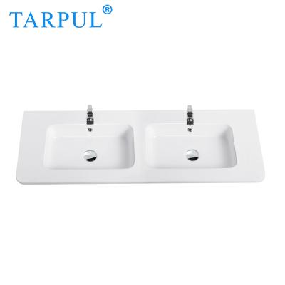 China Modern Ceramic Vanity Top Double Sink Soft Surface Glazed White Ceramic Top With Faucet Holes for sale