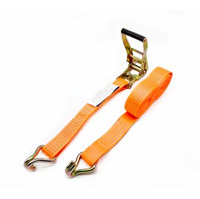 China Polyester 2inch 50MM 5T 5000KG Double J-Hook Ratchet Link Cargo Down Lashing Strap With Plastic Handle for sale