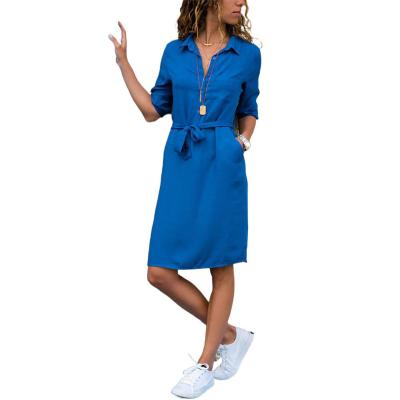 China Autumn Spring Casual Breathable Turn-Down Collar Office Button Lace Up Three Quarter Sleeve Midi Shirt Dress Vestidos for sale