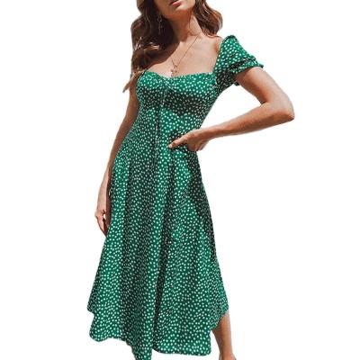 China Anti-wrinkle custom 2021 Sexy Green Floral Print Chiffon Short Sleeve Elegant Midi Sleeve Women Summer Casual Wear For Beach Party for sale